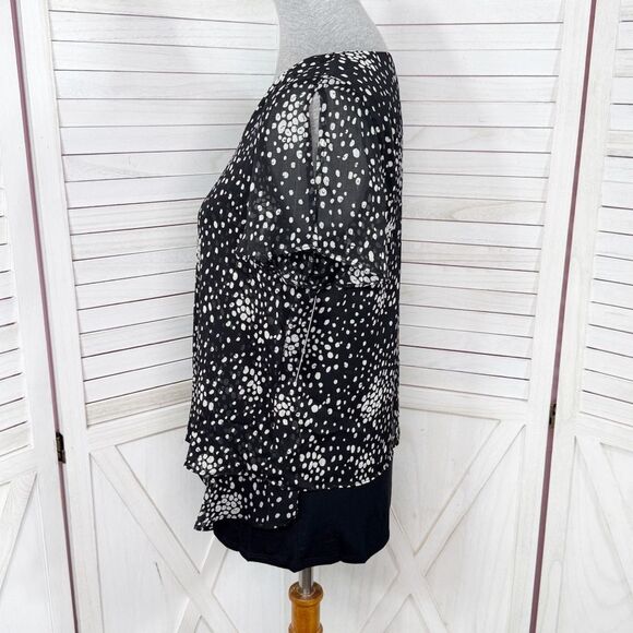 Apt. 9 Polka Dot Tiered Layers Split Flutter Sleeve Top Blouse Black White Small - Picture 2 of 14
